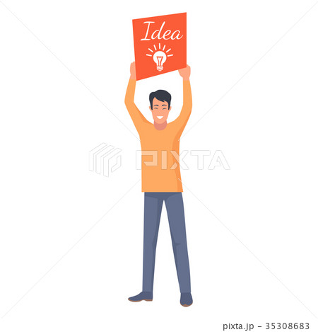 Smiling Male Holding Orange Card with New Idea 35308683
