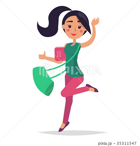 Young Bouncing Girl Student Holding Book with Bag 35311547