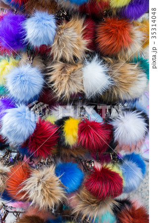 Set of colorful pompoms in the bazaar Set of colorful pompoms in the bazaar 35314048