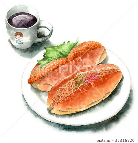 水彩で描いたロールサンドとコーヒー 35316520