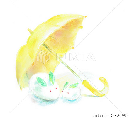 雪うさぎ 黄色の傘 水彩画のイラスト素材