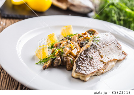 Fish trout with mushrooms and vegetable on plate. Fish trout with mushrooms and vegetable on plate. 35323513
