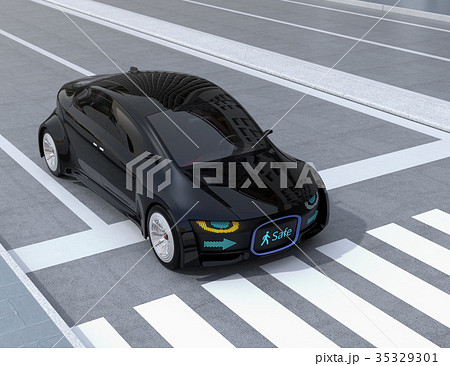 自動運転車フロント部に表示している安全通行のサインで車と歩行者のコミュニケーションを図るコンセプト 35329301