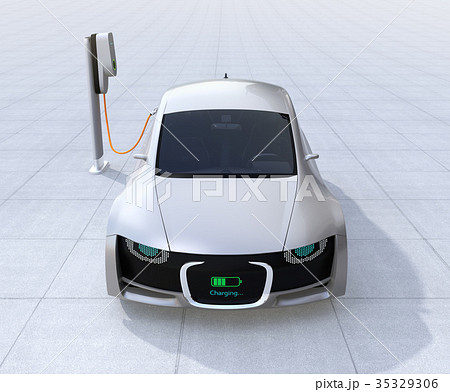 充電中の電気自動車のフロント部に充電状態が表示し 車と人のコミュニケーションのコンセプトのイラスト素材 充電中の電気自動車のフロント部に充電状態が表示し 車と人のコミュニケーションのコンセプトのイラスト素材