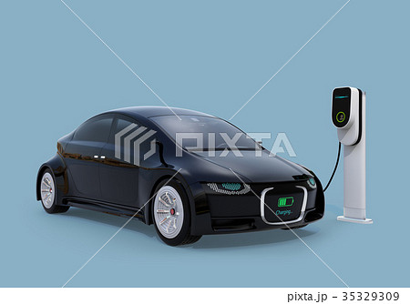 充電中の電気自動車のフロント部に充電状態が表示されている 車と人のコミュニケーションのコンセプトのイラスト素材 充電中の電気自動車のフロント部に充電状態が表示されている 車と人のコミュニケーションのコンセプトのイラスト素材