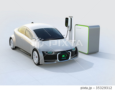 充電中の電気自動車のフロント部に充電状態が表示されている。車と人のコミュニケーションのコンセプト 35329312