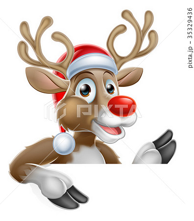 Reindeer in Santa Hat Pointing Down at Sign 35329436