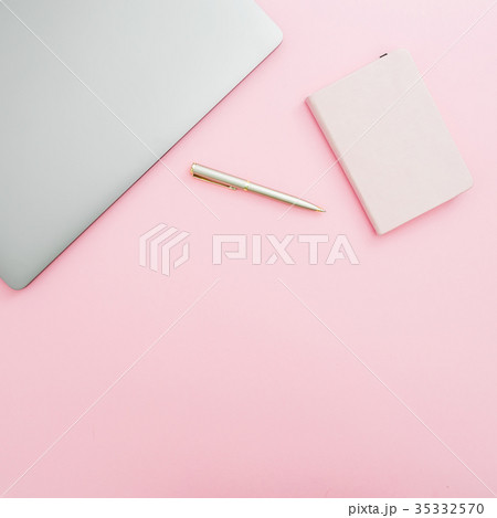 Home office desk workspace with laptop, notebook 35332570