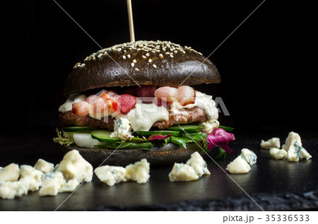 Black hamburger made from beef, with dor-blu-2 Black hamburger made from beef, with dor-blu-2 35336533