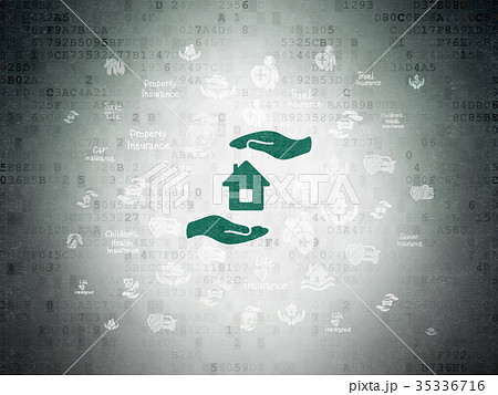Insurance concept: House And Palm on Digital Data Insurance concept: House And Palm on Digital Data 35336716