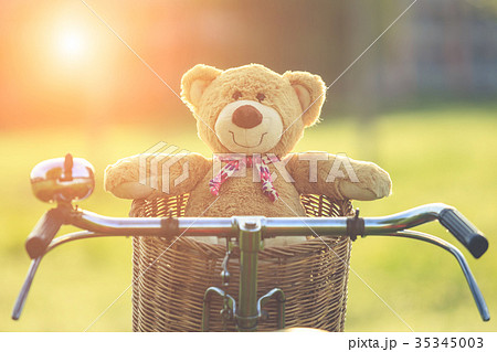 Lovely brown teddy bear in rattan basket on vintage bike in green field with lens flare. Warm toning effect. Retro and vintage style 35345003