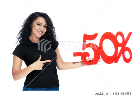 Beatiful curly girl with a red sign -50 sale 35348603