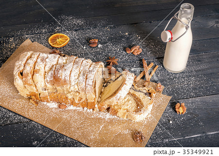 Bottle of milk and sliced pound cake Bottle of milk and sliced pound cake 35349921