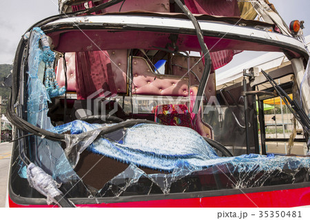 Bus broken from accident. broken glass. 35350481