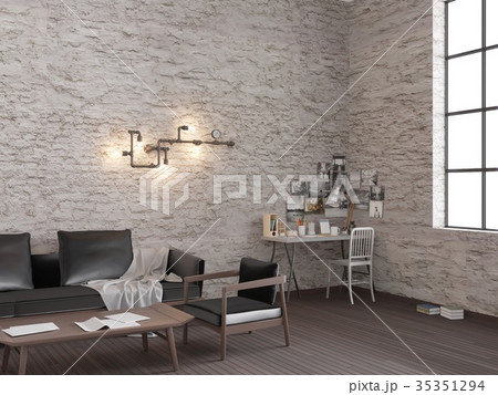 White brick loft living room with working place 35351294