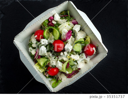 Greek salad with brynza top view. Greek salad with brynza top view. 35351737