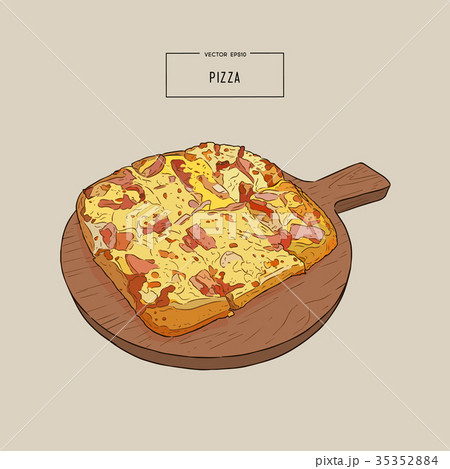 Pizza on the wooden board hand draw sketch vector. 35352884