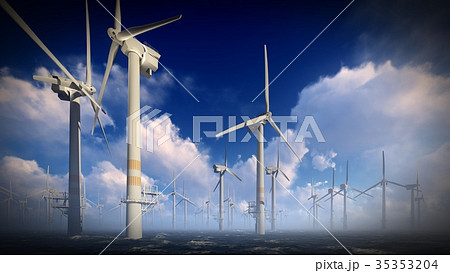 Dusk skies over windmill turbines farm 3d Dusk skies over windmill turbines farm 3d 35353204