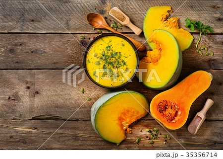 Vegetable and lentils creamy soup, cut pumpkin Vegetable and lentils creamy soup, cut pumpkin 35356714