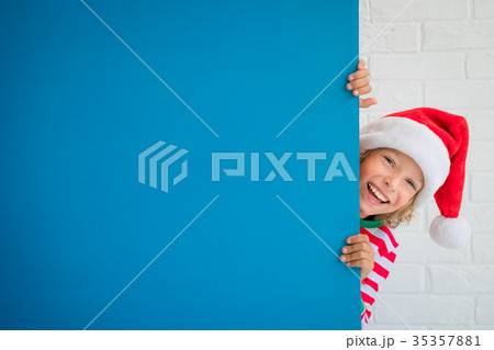 Funny kid holding cardboard banner blank 35357881