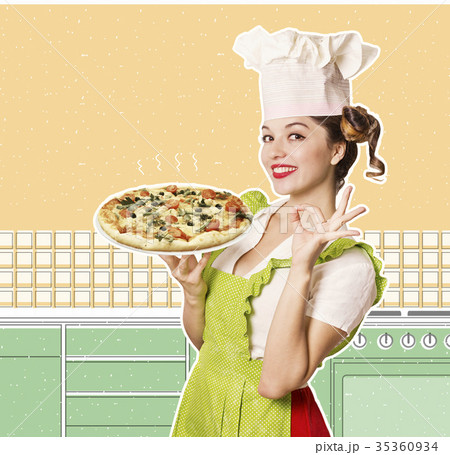 Smiling woman chef holding pizza in the Kitchen collage 35360934