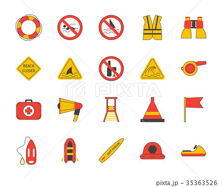 Cartoon Lifeguard Signs Outline Color Icons Set 35363526