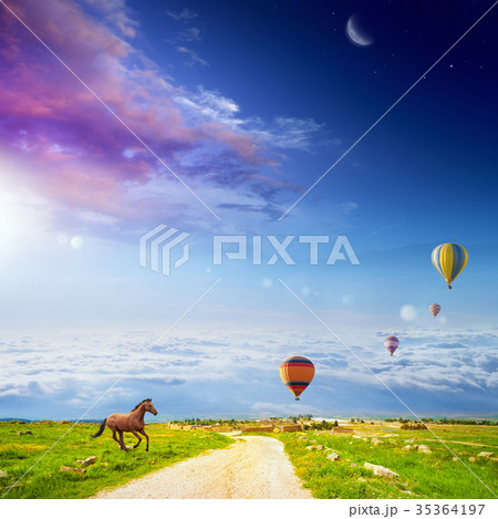 Running horse, flying hot air balloons Running horse, flying hot air balloons 35364197