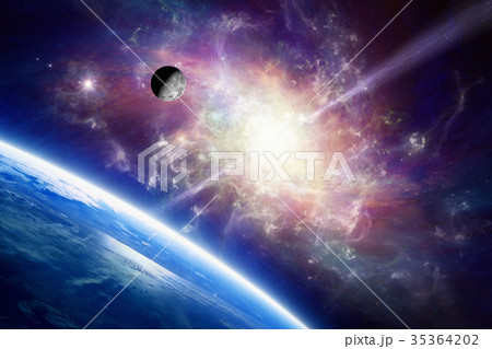 Moon orbits around Earth, spiral galaxy 35364202