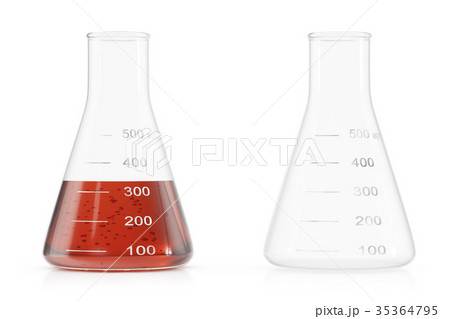 Transparent glass chemical flasks full of red 35364795