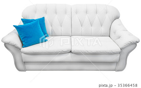 White eco leather sofa with blue pillow. Soft snow 35366458