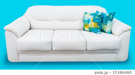 White eco leather sofa with blue pillow. Soft snow White eco leather sofa with blue pillow. Soft snow 35366460