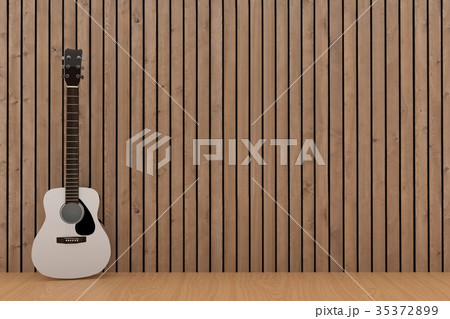white guitar in wood plank room design in 3D white guitar in wood plank room design in 3D 35372899