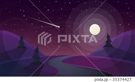 Travel night cartoon landscape. Fir, comet, star 35374427