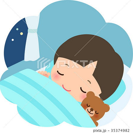 眠る幼い男の子とぬいぐるみのイラスト素材