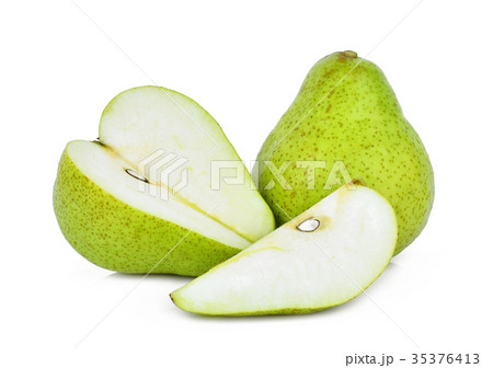 whole and half with slice of green packham pear  35376413