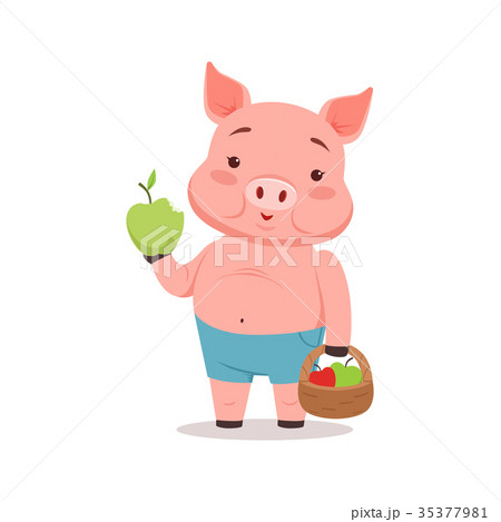 Cute pig holding basket with apples, funny cartoon 35377981