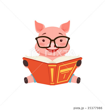 Cute smart pig sitting on the floor anf reading 35377986