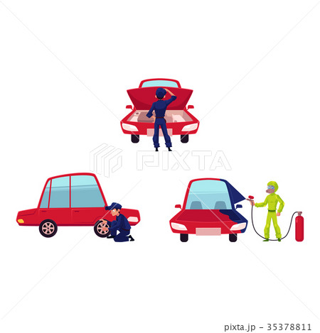 Mechanic checking, painting car and changing tire 35378811