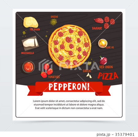 Pepperoni pizza label, pizzeria menu, whole hot 35379401