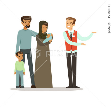 Stateless refugee family talking with volunteer Stateless refugee family talking with volunteer 35380012