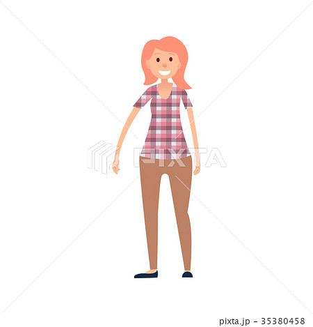 Wooman in Casual Cloth Wears Checkered T-shirt 35380458