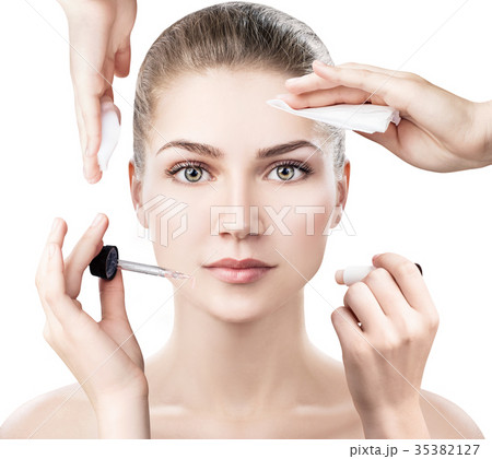 Woman surrounded by cosmetics devices. Woman surrounded by cosmetics devices. 35382127