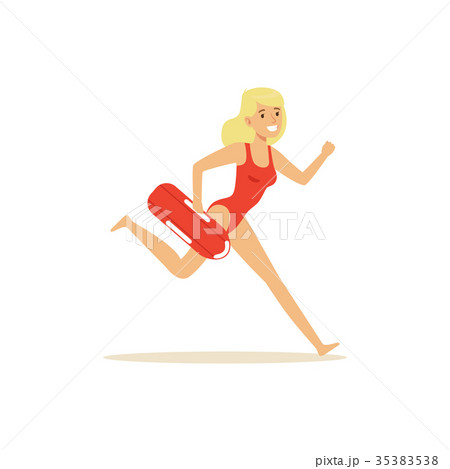 Female lifeguard in a red swimsuit running with Female lifeguard in a red swimsuit running with 35383538