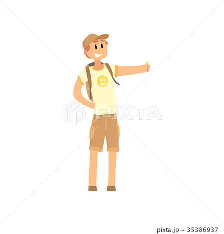 Young male hitchhiker traveling with backpack, man Young male hitchhiker traveling with backpack, man 35386937