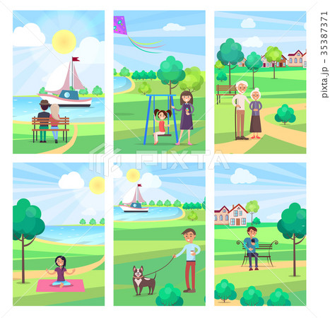 People Spending Free Time in Park Vector Poster 35387371