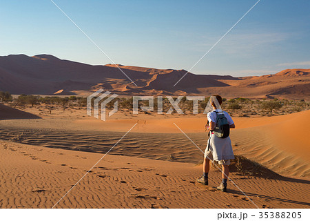 Tourist walking on the sand dunes Tourist walking on the sand dunes 35388205