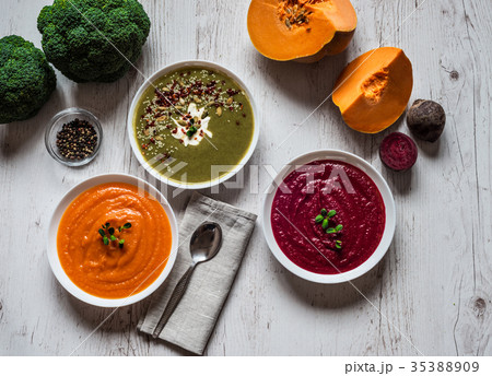 Different vegan food. Colorful vegetables cream 35388909