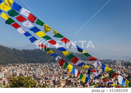 Buddhist prayer flags against the backdrop of the Buddhist prayer flags against the backdrop of the 35389209