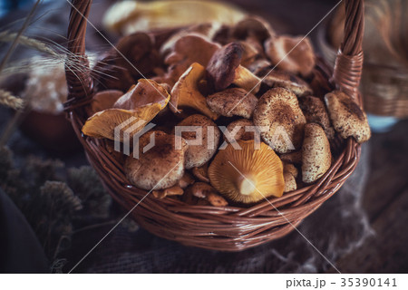Different mushrooms in basket 35390141