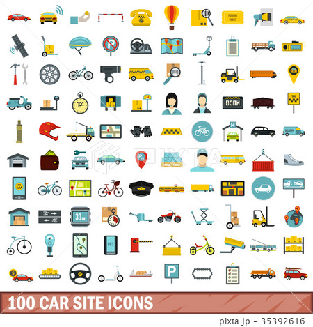 100 car site icons set, flat style 35392616